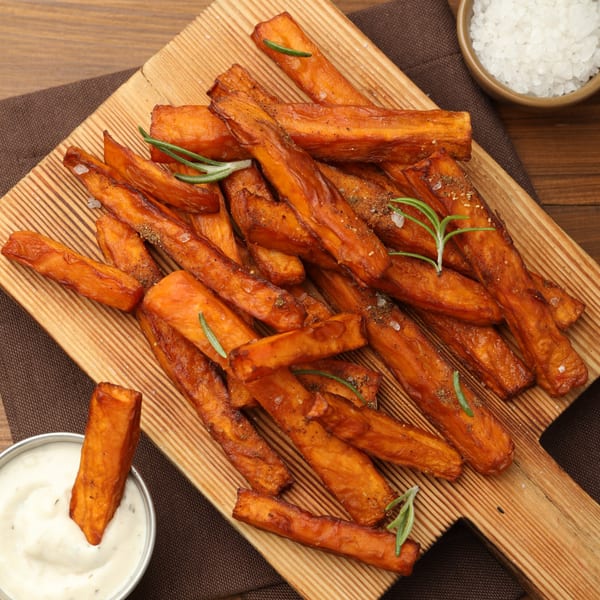 Sweet potato fries seasoned with herbs and salt, served with a white dipping sauce.