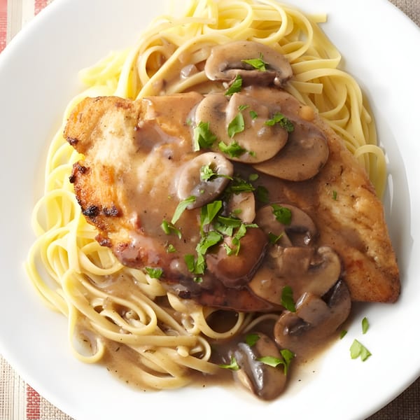 Chicken with mushroom gravy and linguine pasta on a white plate, garnished with parsley.