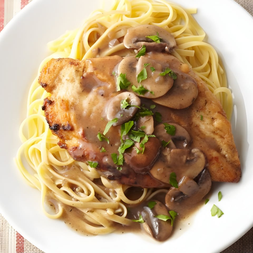 Chicken with mushroom gravy and linguine pasta on a white plate, garnished with parsley.
